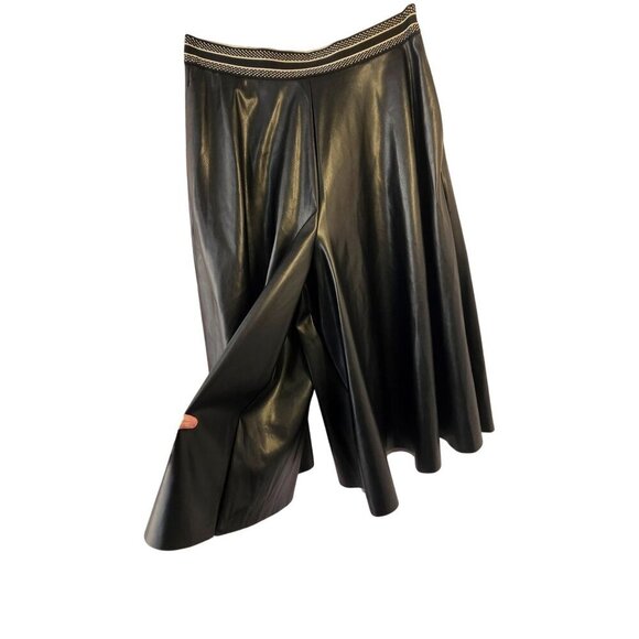 Halogen Black Faux Leather Midi Gaucho Split Skirt Sz M Stripe Elastic Waistband - Picture 8 of 9